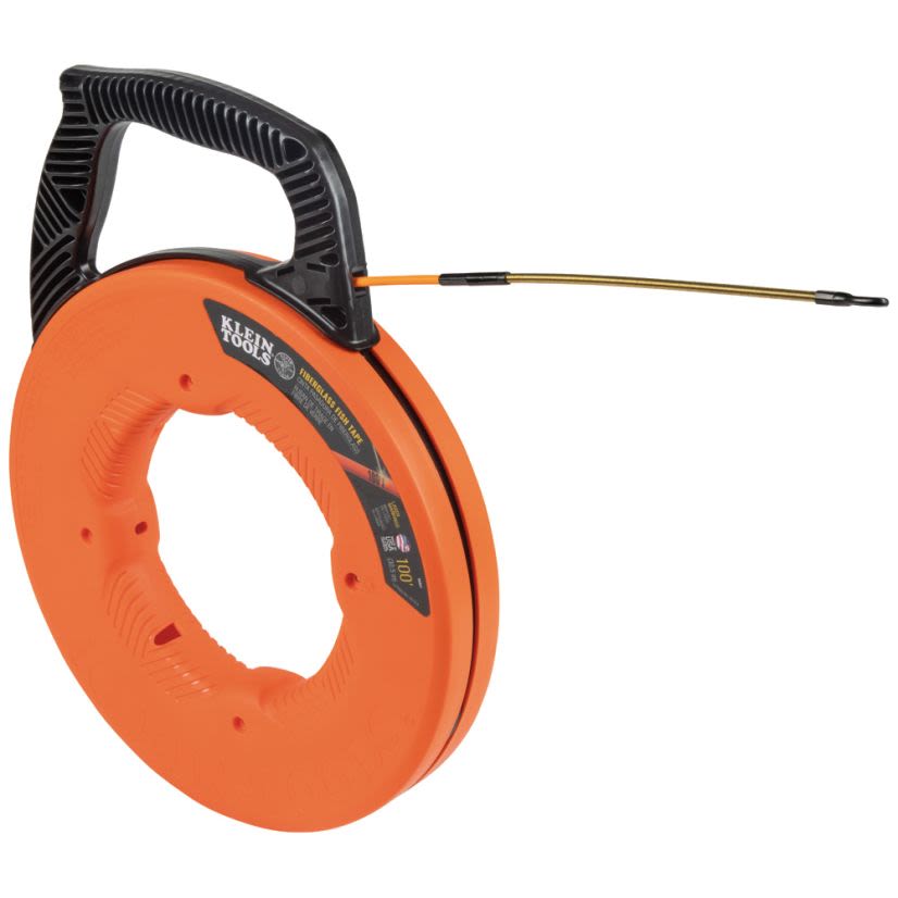 Klein 56351 Fish Tape With Spiral Steel Leader, 0.182 in W Tape, 100 ft L Tape, S-Glass Fiberglass Tape, Black/Orange